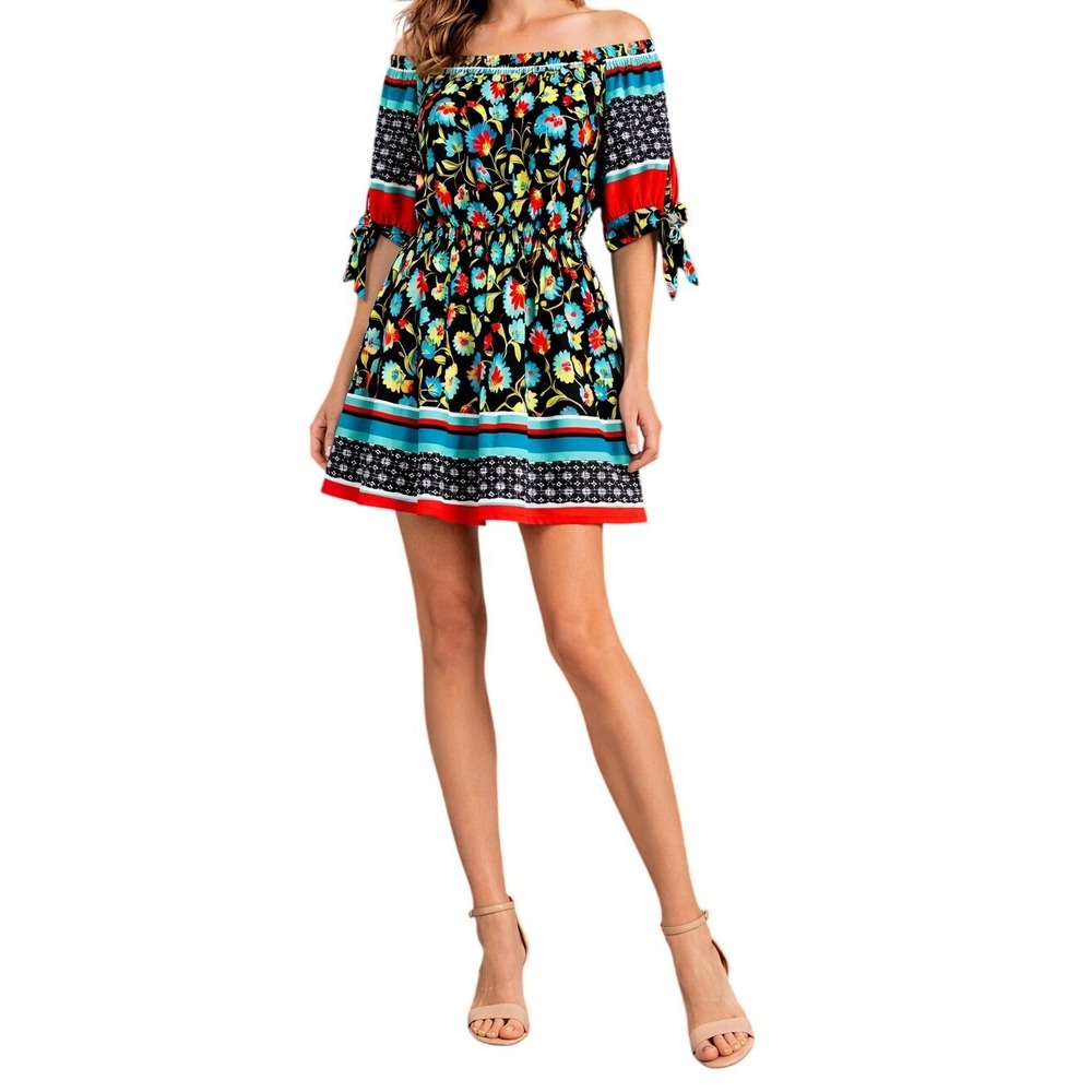 En Focus Studio Floral Midi Dress Womens 8 Multicolor Smocked Waist Tie Sleeve‎
